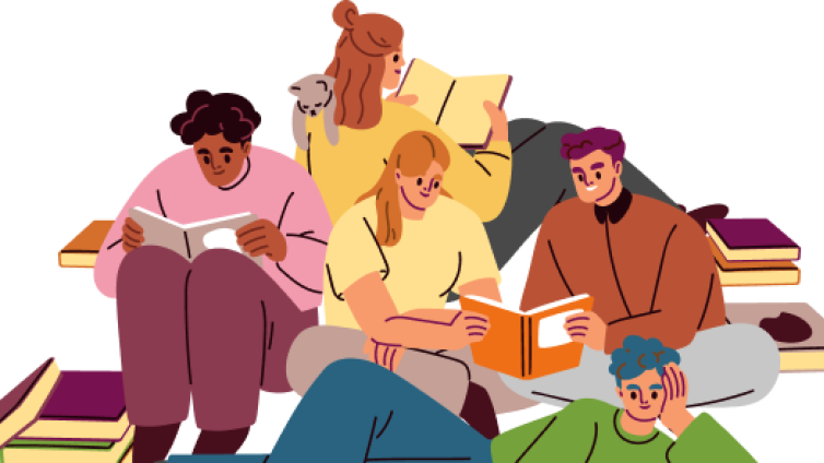 Illustrated graphic of group of people studying